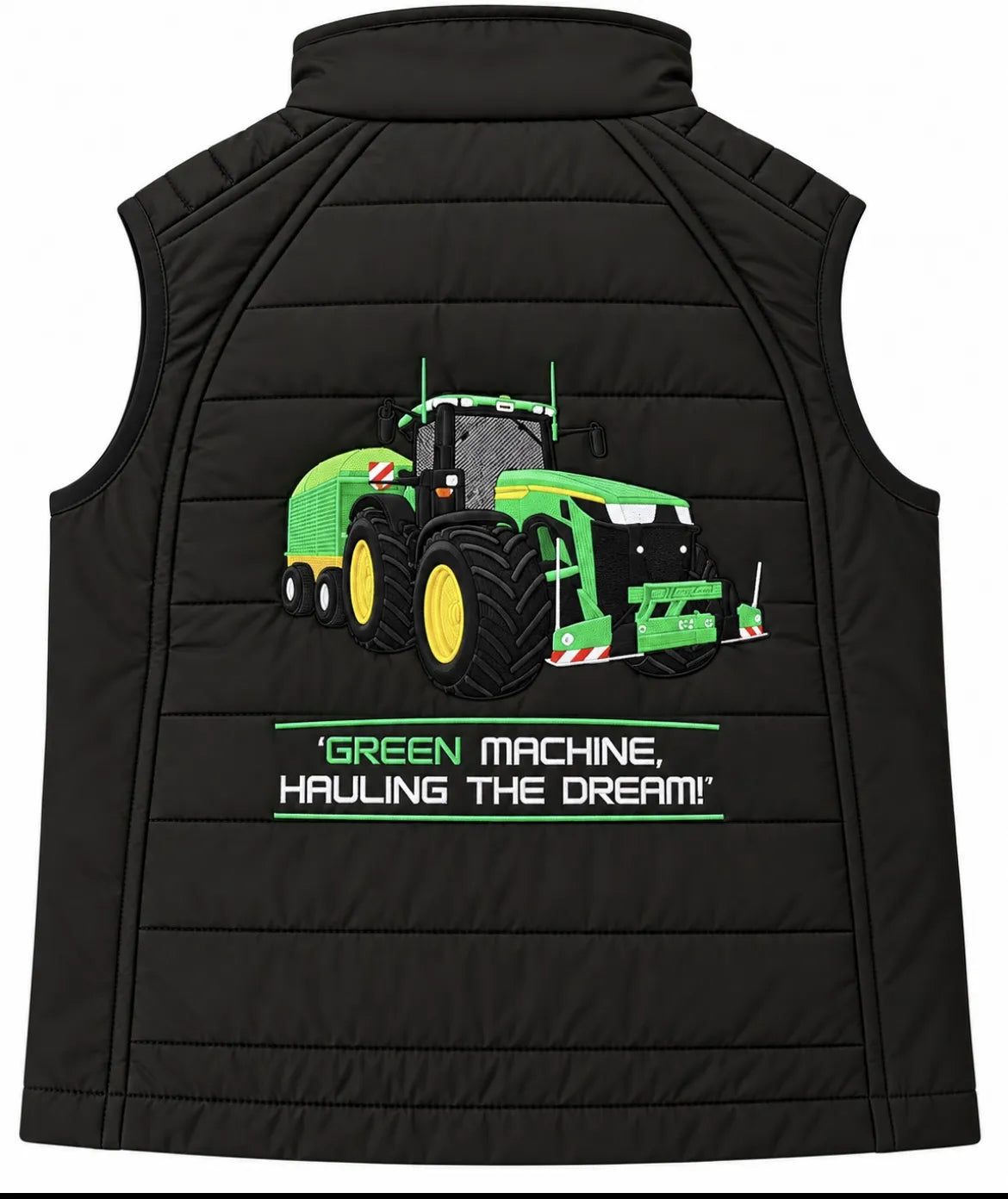 Black Impact kids body warmer with John Deere Trator badge and green zip details.