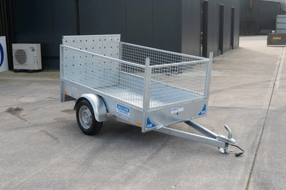 Dale Kane galvanised single axle trailer with mesh sides and rear loading ramp