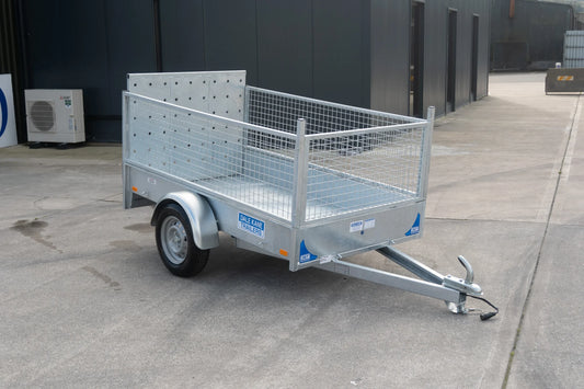Dale Kane galvanised single axle trailer with mesh sides and rear loading ramp