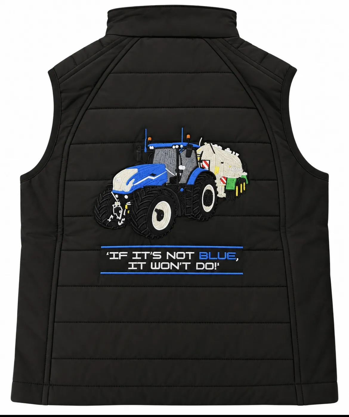 Black Impact kids body warmer with New Holland Tractor badge and blue zip details.