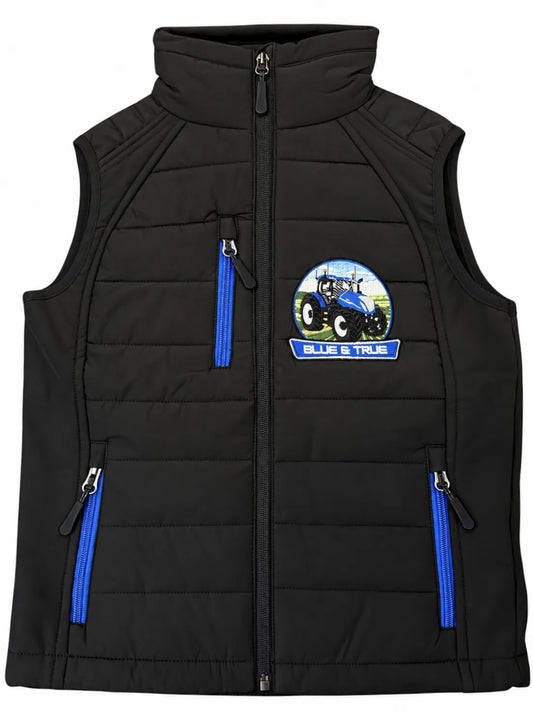 Black Impact kids body warmer with blue tractor badge and blue zip details.