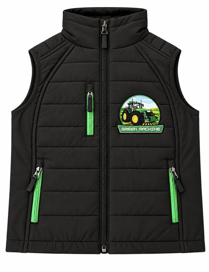 Black Impact kids body warmer with green tractor badge and green zip details.