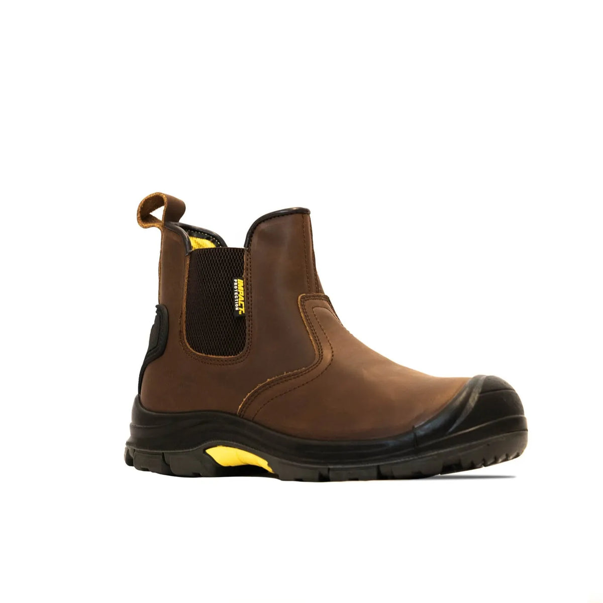 Brown Impact kids safety dealer boot with elasticated side panel and pull-on tabs.