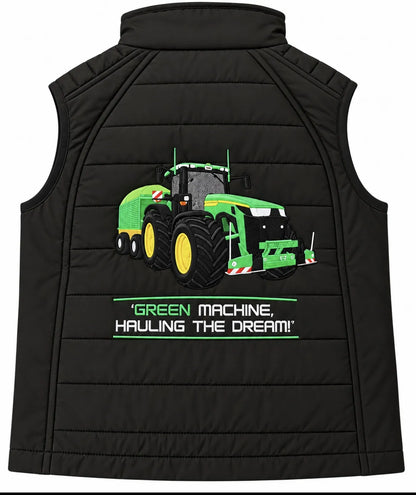 Black Impact kids body warmer with John Deere Trator badge and green zip details.