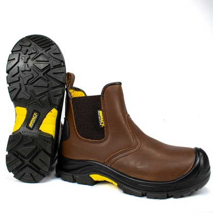 Brown Impact kids safety dealer boot with elasticated side panel and pull-on tabs, side view.