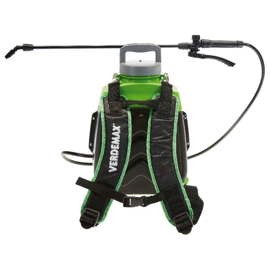 Verdemax 12 litre battery backpack sprayer with shoulder straps, hose and spray lance rear view